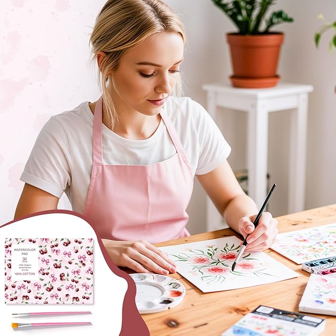 30 Sheets Watercolor Paper Pad with 2 Pcs Watercolor Brush, 140lb/300GSM Water Color Paper 9x12in, Cold Pressed Tearable Water Color Sketchbook Easter Gifts for Beginner Artists