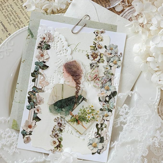 60pcs Vintage Flowers Scrapbook Kit Embossed Flower Stickers for Scrapbooking Journaling Scrapbook Stickers Aesthetic Long Strip Floral Sticker Pack Junk Journal Supplies Self-adhesive Decoupage Paper