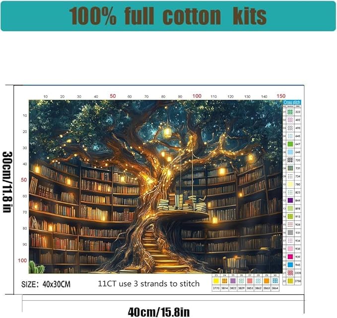 Bookstore Stamped Cross Stitch Kits for Adults -Tree House Embroidery Kits for Beginners Adults,11 CT Patterns Dimensions Counted Cross Stitch Kits for Adults Arts Craft 12x16 inch