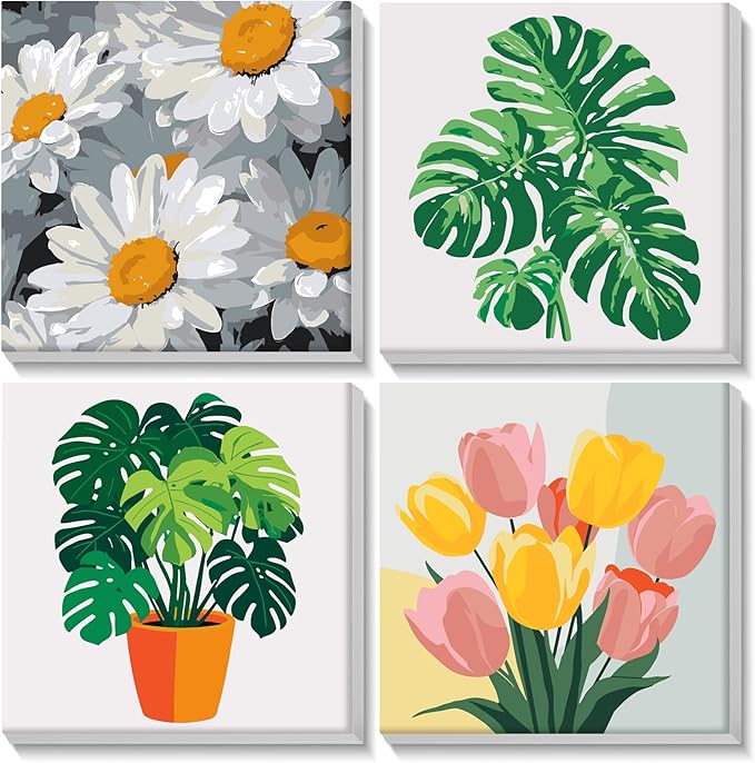 Lxmsja 4 Pack Bold Botanicals Paint by Numbers Kit for Adults, Easy Framed Paint by Numbers for Adults Beginner, DIY Acrylic Oil Painting Craft Kits for Home Wall Decor 8x8 inch