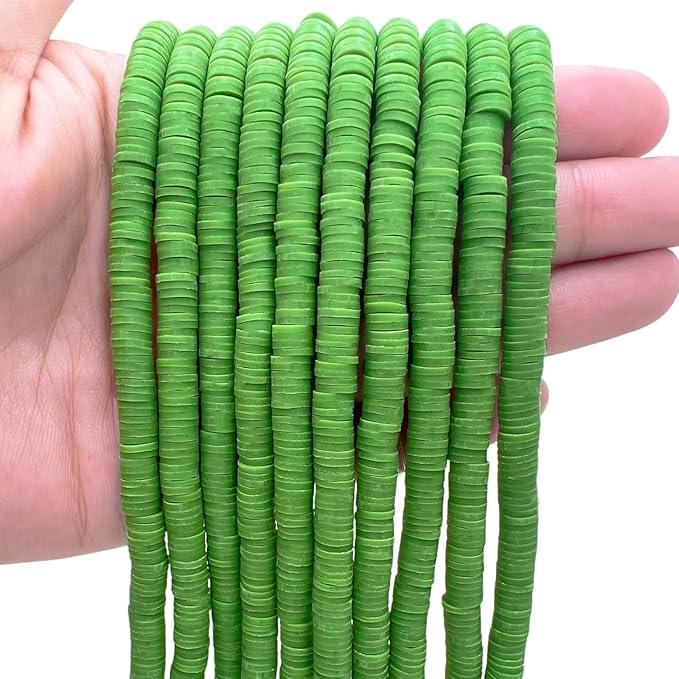 QiQnHngD 10 Strands Clay Bead, Heishi Beads for Bracelet Stack, Earth Tone Clay Beads for Adults, Flat Beads Kit for Friendship Bracelets, Neutral Beads Bracelet Making Kit(Fluorite Green)