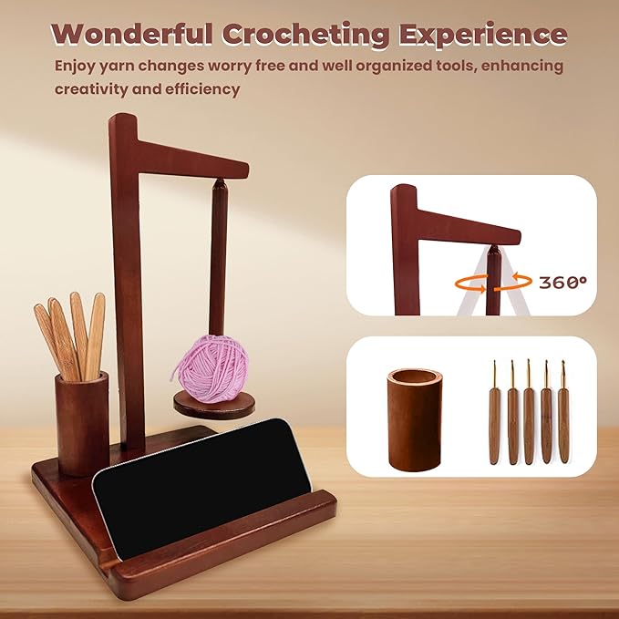 mehidfy wooden yarn holder for crocheting and knitting with magnetic spinner, crocket hook storage with phone stand, yarn ball holder for crochet lovers