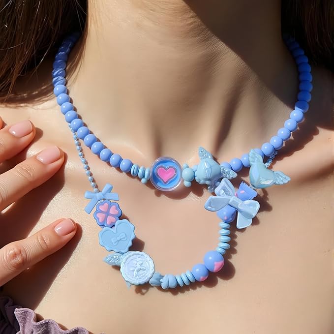 Omiposs 300Pcs Acrylic Beads for Bracelet Making with Cute Kawaii Charms, Beads & Assortments for Friendship Bracelets, Jewelry Making DIY Necklace Keychain Phone Charm Craft Gifts (Blue)