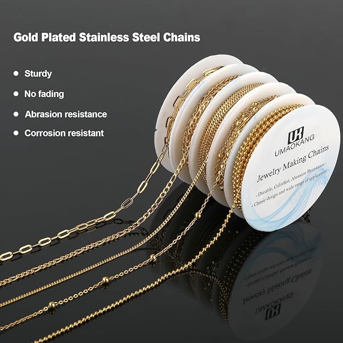 UMAOKANG 12 Meters 5 Rolls Stainless Steel Jewelry Making Chains Gold Plated Chain for Jewelry Making Jewelry Supplies Findings