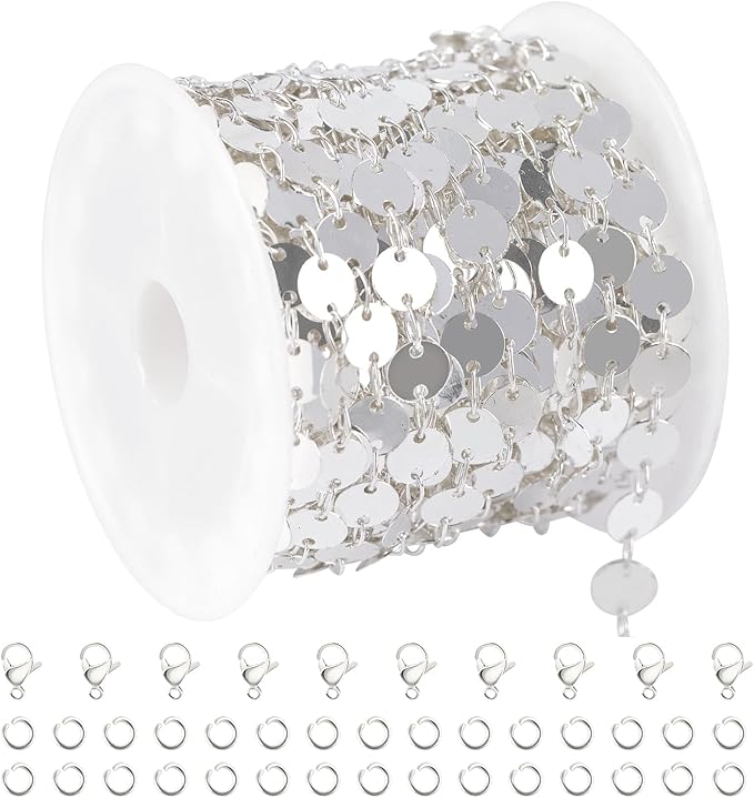 YOUBEIYEE 16.4 Feet Silver Sequin Chains for Jewelry Making Silver Plated Brass Jewelry Chain Roll with Jump Rings and Lobster Clasps