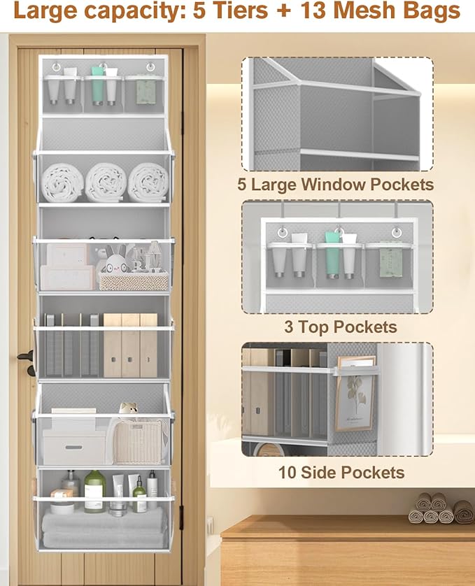 Hanging Yarn Storage Organizer, Large Capacity Knitting Yarn Organizer Storage with 5 Deep Pockets 13 Mesh Bags, Over The Door Yarn Holder for Knitting Needles Crochet Hooks, Grey