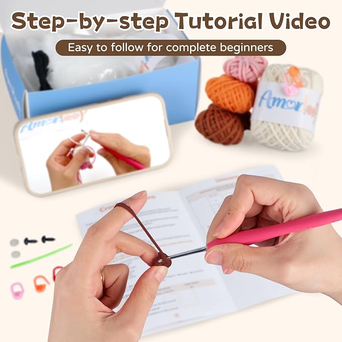 Crochet Kit for Beginners – Easy-to-See Stitches Yarn, Pre-Started Piece, and Step-by-Step Video Tutorials | Starter Crochet Set with Cute Animal Pattern – Original Handmade Calico Cat Pattern
