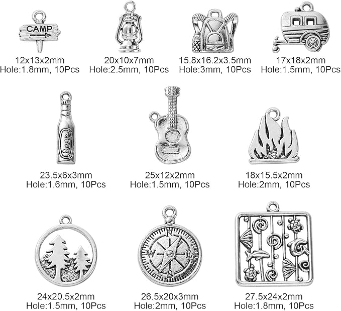 DanLingJewelry 100Pcs 10 Styles Retro Camp Charms Camp Sign Fire Guitar Carriage Oil Lantern Wine Bottle Charms for Jewelry Making DIY