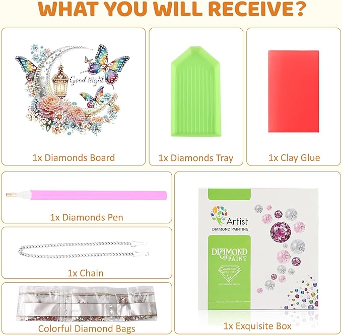 MEIYUDA Moon Butterfly Diamond Art Hanging Kits for Adult, Good Night Diamond Painting Hanging Kits Ornaments, DIY Special Shaped Rhinestone Window Pendants kit for Home Garden Wall Decor Gift