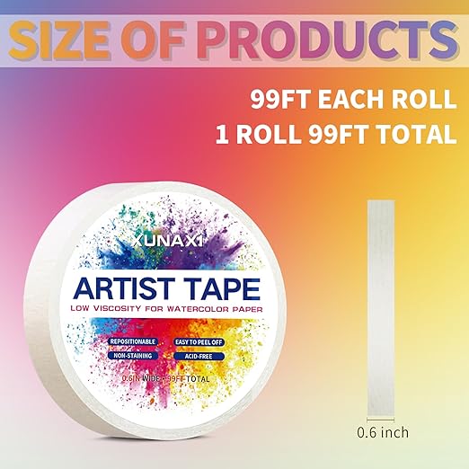1 Pack Art Tape, Artist Tape for Watercolor Paper Low Tack White Painters Tape for Drafting Art Painting Canvas Framing Acid Free Masking Tape-0.6IN Wide 99FT Long Total