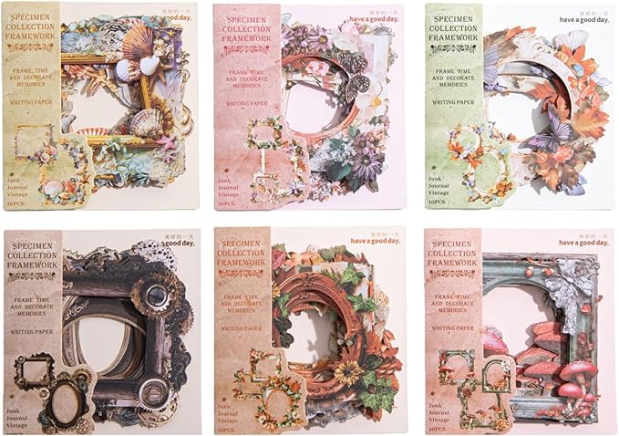 60 Pieces Vintage Hollowed Relief Botanical Specimen Frame Scrapbook Stickers, 6 Pack Aesthetic Background Window Frames Decorative Stickers for Scrapbooking Planner Junk Journal Supplies Collage