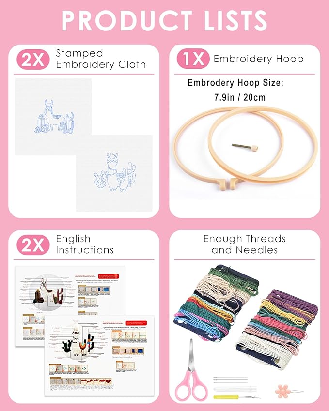 TINDTOP 2 Pack Embroidery Kit for Adult Beginners, Embroidery DIY Starter Kit, with Alpaca Stamped Patterns, Hoop, Tools, Colorful Threads with Needles, Instructions