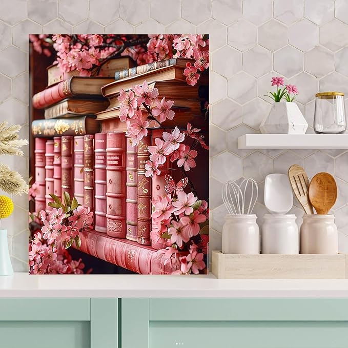 Meothan Diamond Art Kits for Adults Flowers Bookshelf Diamond Painting Kits for Adults Beginners, DIY Bookshelf Flowers Diamond Gem Art Dots Painting Kits for Home Walls Decor Gifts 12x16inch (Pink)