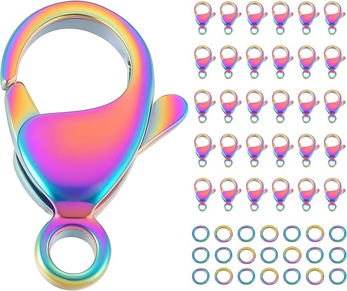 Mandala Crafts 9mm Rainbow Stainless Steel Lobster Clasps for Jewelry Making - 50 PCs SS Lobster Claw Clasps with Jump Rings Jewelry Findings Kit for Necklaces Bracelets Charms Fasteners