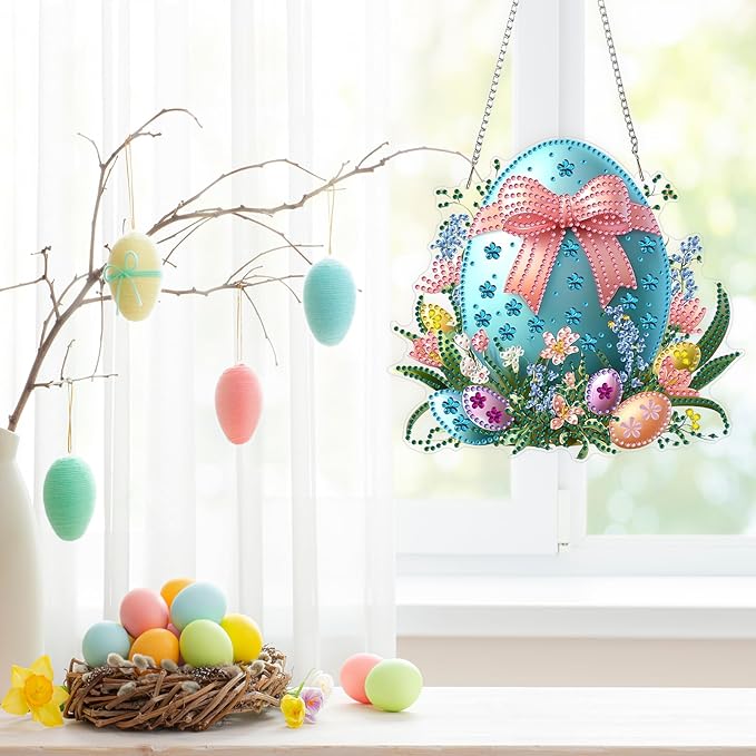 Easter Egg Diamond Art Hanging Ornaments Kits for Adults, Diamond Painting Pendant Kits, DIY Acrylic 5D Special Shaped Crystal Gem Art Painting Ornament for Home Wall Easter Decor Gift 8x8 Inch