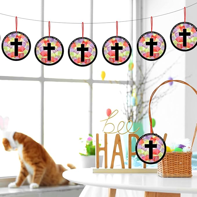 Motipuns 32 Sets Resurrection Easter Ornaments Craft Kit, Christian Religious DIY Cross Suncatchers Stained Glass Effect with Tissue Paper Window Art for Sunday School Church VBS Decor