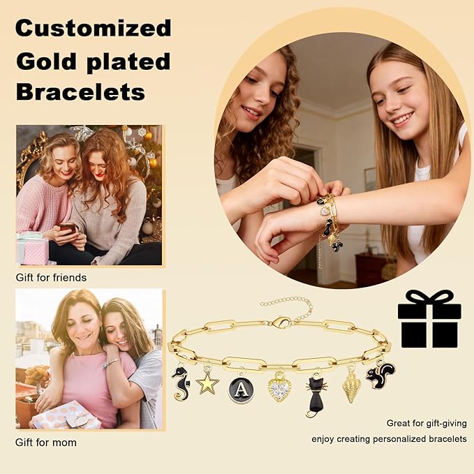 HejVulkan 416 PCS Gold Charm Bracelet Making Kit with Paperclip Chain Bracelets, 153+ Enamel & Gold Charms, Make Your Own Charm Bracelet Kit, Easy Charm Bracelet Making Kit for Women