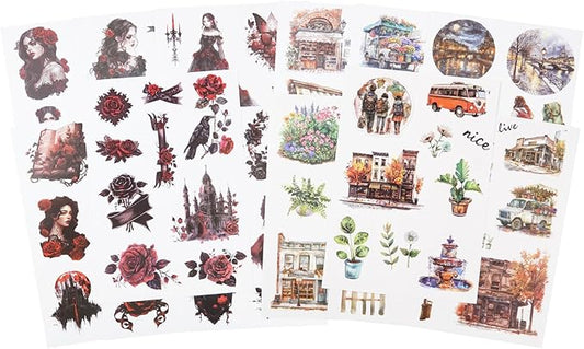 Pre-Cut Gothic and Vintage Sticker Book Set, 40 Pages of Dark Rose and Urban Street Ephemera for Scrapbooking, Journaling, DIY Crafting, and Art Supplies