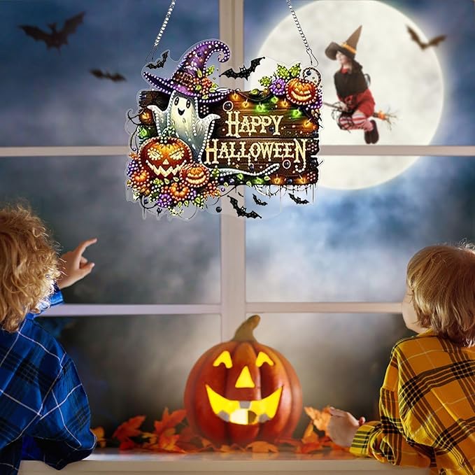 DIY Hanging Halloween Pendant Ornament Diamond Art Painting for Adults Beginners with Accessories Single Sided Dot-Drill Pendant for Home Wall Window Garden Decor (Ghost)