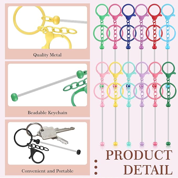 Tondiamo 24 Pcs Beadable Keychain Bars Bulk Beads for Keychain Making Kit Gifts for Women Men DIY Crafts (Mixed Color)