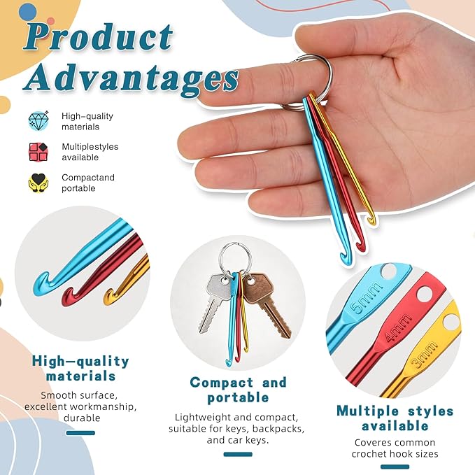 SHWAKK 3 Sets Mini Crochet Hook Keychain, 3 Size Aluminum Crochet Knitting Needles with Swivel Suitable for Yarn Knitting, Perfect for Beginners (3mm, 4mm, 5mm)