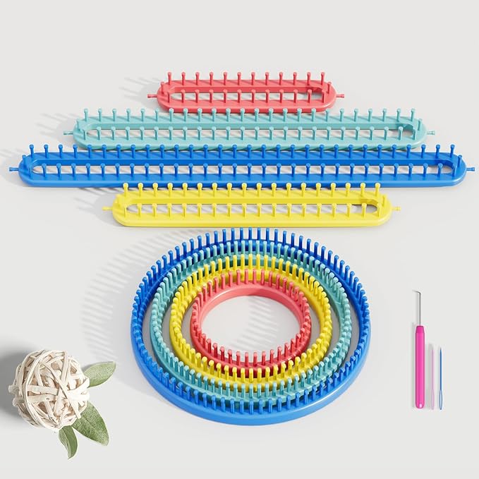 cureder Knitting Loom Craft Kit - Long Knitting Loom and Round Knitting Loom - Include 2 Knitting Yarn Loom Needle and 2 Plastic Loom Pick, (4 Round Loom&4 Long Loom), Great for Kids or Baby Blanket