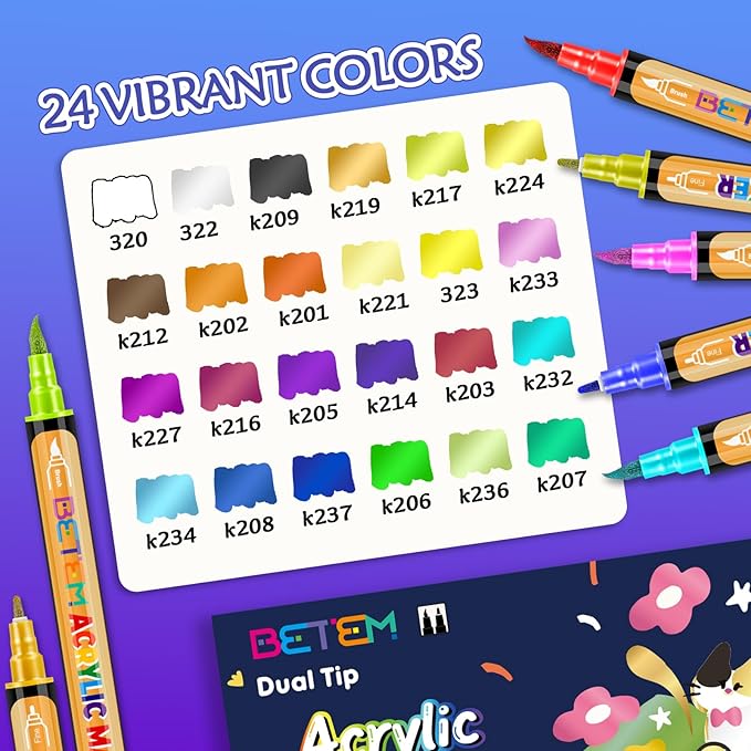 Betem Metallic Acrylic Paint Markers, Dual Tip 24 Colors Acrylic Paint Pens with Brush Tip and Fine Point, Permanent Glass Markers, Drawing Markers for Rock, Wood, Canvas, Card Making, Decorating Kit