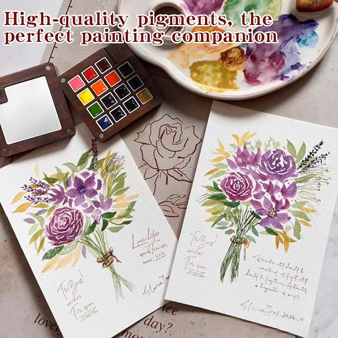 Mini Watercolor Paint Set - 15 Color Travel Watercolor Palette Set - Portable Water Color Paint Set with Binder Clips, Watercolor Brush Pens, Wooden Box for Beginners Painters Artists Student