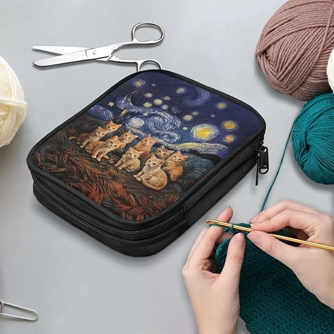 Hechitok Starry Night Cat Crochet Hook Case Without Hooks and Accessories Zipper Storage Organizer Bag with Web Pockets for Various Crochet Needles Accessories Crochet Hook Kit Tools