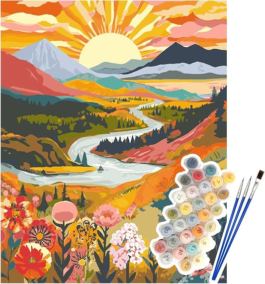 NPCSWXQ Paint By Numbers Kit for Adults Beginners, Sunrise Mountains and Rivers Landscape Painting Crafts Number Art Paint Kits for Home Wall Bedroom Study or Office Decor Gift 16x20Inch