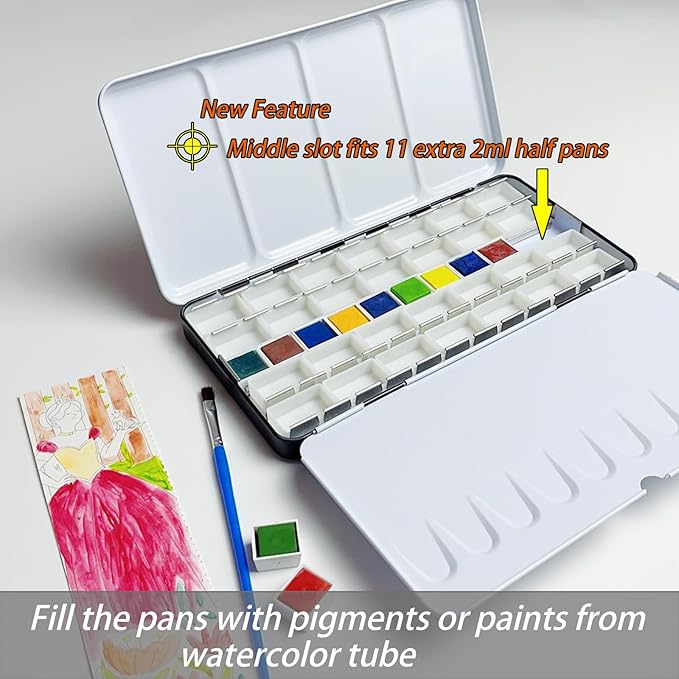 FCLUB Empty Watercolor Tins Palette Paint Case – Large Watercolor Palette Box Metal Tin with 28 Standard 3ml Full Pans