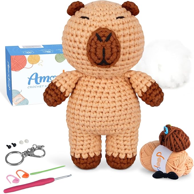 Amorloop Crochet Kit for Beginners – Easy-to-See Stitches Yarn, Pre-Started Piece, and Step-by-Step Video Tutorials | Starter Crochet Set with Cute Animal Pattern – Original Handmade Capybara Pattern