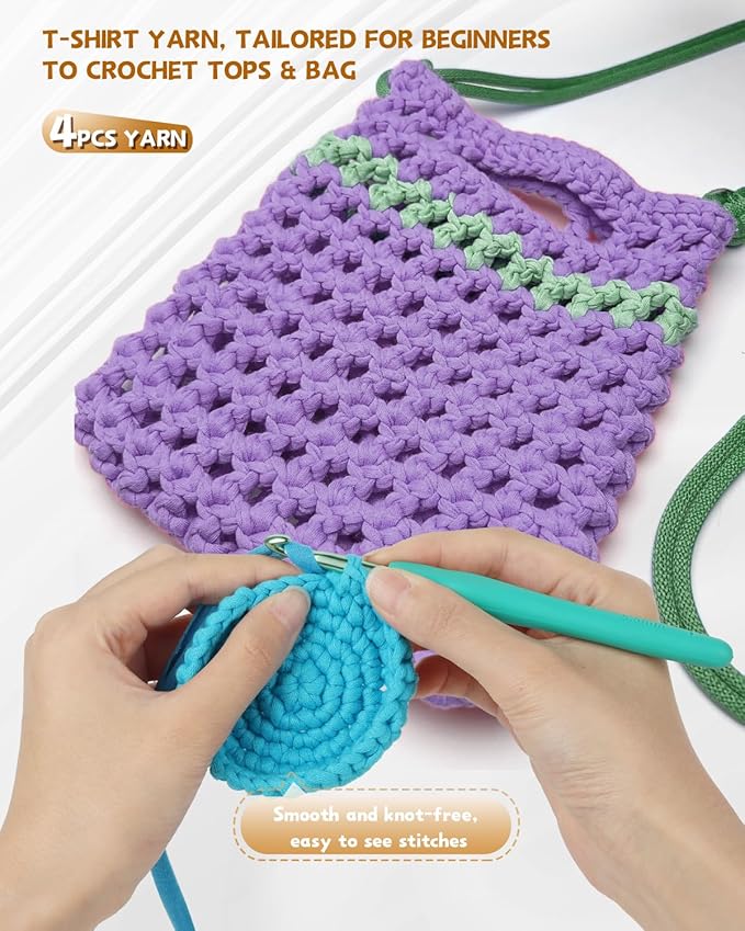 Katech 130 Yards T-Shirt Crochet Yarn for Crocheting - 400g Spaghetti Fabric Cloth for DIY Knitting, Handmade Basket, Cushion Decor - Easy for Beginners (Purple)
