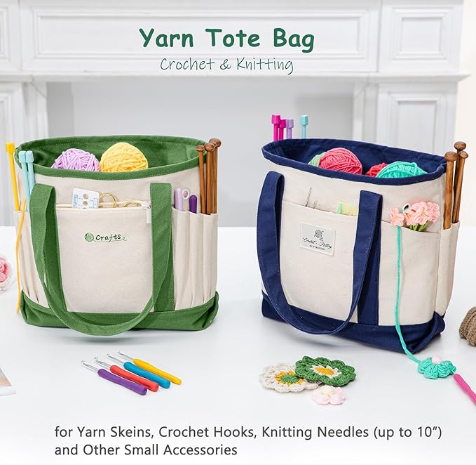 Canvas Yarn Storage Organizer Bag Washable Crochet Bag with Pockets for Yarn, Hooks, Needles – Travel Knitting Tote for Crafters – Gift for Crocheters & Knitters (Medium/Large)