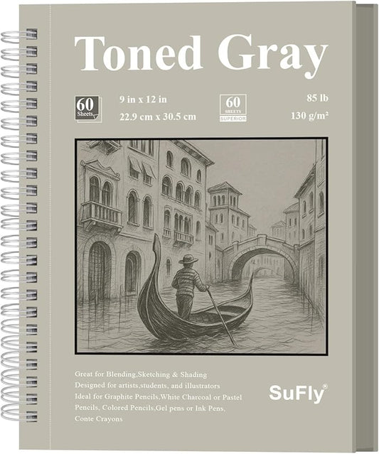 sufly gray sketchbook 9" x 12" - 60 sheets spiral bound sketch book, 85lb/130gsm drawing paper pad for graphite, charcoal, colored pencils and gel pens.