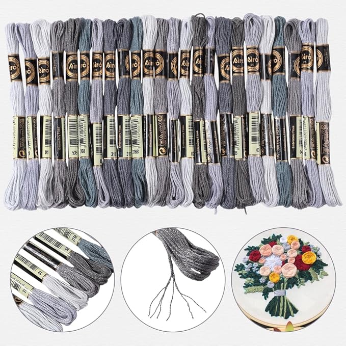 24 Skeins 6 Strands Grey Embroidery Thread Floss Variegated Gradient Friendship Bracelets String Cross Stitch Threads Bulk with 12 Floss Bobbins for Bracelet Making Sewing Knitting Craft Diy