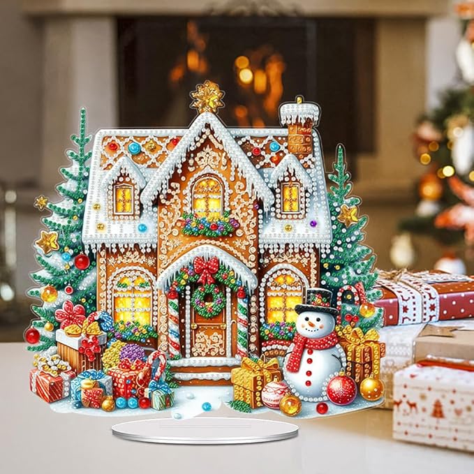 LAKEQUILL Christmas Diamond Painting Kits, Tabletop Ornament, Stand Up Diamond Art Desktop Kits Cookie House for Home Office Decor, New Year Gift