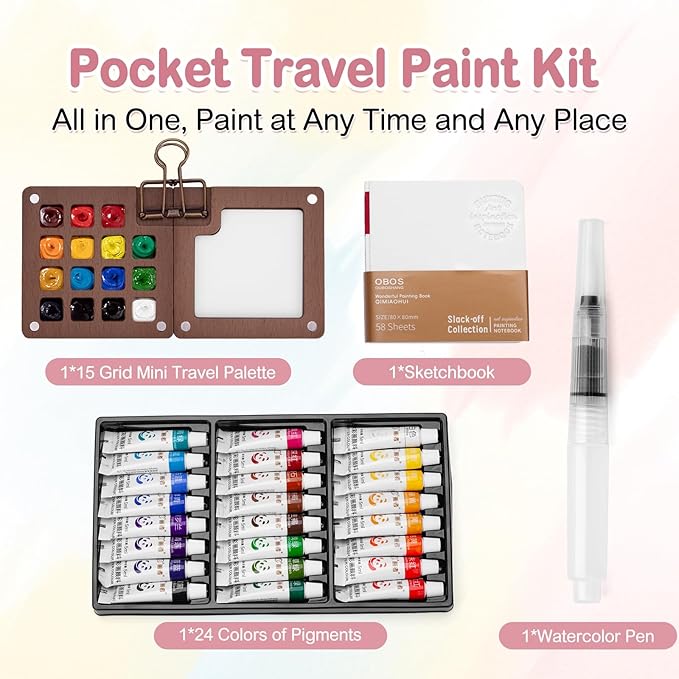 Mini Watercolor Paint Set, Mini Paint Palette Travel Kit, Pocket Artist Watercolor Travel Set Colors, Sketchbook, Brush, Metal Clip, for Beginners, Artists, Enthusiasts (15 Grids, 24 Colors)