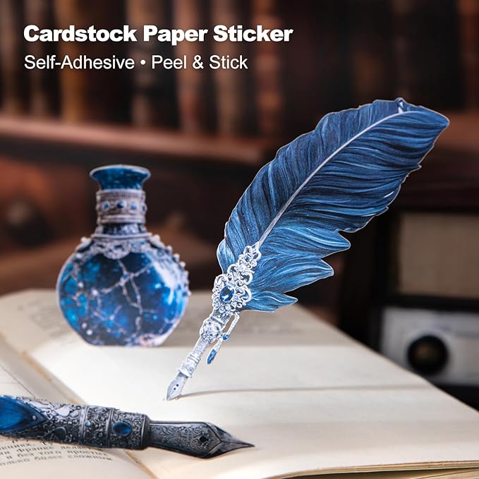 Vintage Pen & Ink Cardstock Stickers – 60pcs Antique Feather Quill & Ink Bottle Designs, Large Laser-Cut Peel and Stick Decor for Scrapbook Journal Junk Journal Collage Crafts