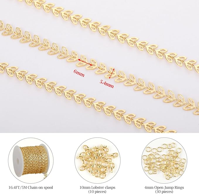 KYUNHOO 16.4 Feet 18K Gold Chains Bulk Hollow Leaf Link Cable Chain on Spool Gold Plated Brass Jewelry Chain with Lobster Clasps for DIY Supply Jewelry Findings