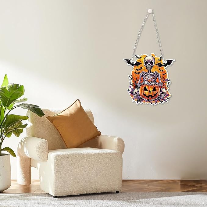 MOGTAA Halloween Skull Diamond Art Hanging Pendant Kits, Fall Pumpkin Diamond Art Suncatchers for Adults, 5D Special Shape Diamond Painting Skeleton Gem Art for Home Garden Wall Decor