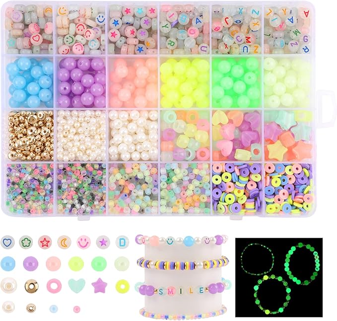 Glow in The Dark Beads UV Letter Alphabet Smile Star Glass Seed Clay Pearl Beads Plastic Pony Hair Bead Acrylic Colorful Changing Bead for DIY Craft Bracelet Necklace Jewelry Making Kit Mix Bulk