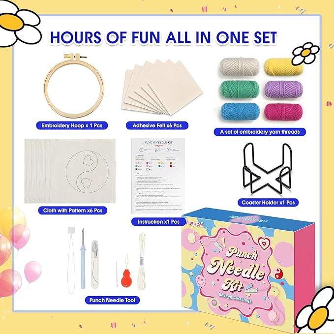 yuegool 6PCS Energy Punch Needle Coasters Kit - DIY Embroidery Set for Adult Beginners, Art Craft Supplies with Patterns, Functional Tools, Yarn, Hoop, and Coaster Holder