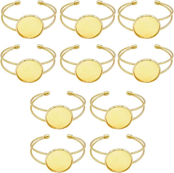 MIAO JIN 10 Pcs 25 mm Adjustable Round Cabochon Bezel Tray Blank Bangle for Crafting DIY Bracelets Making(Gold)
