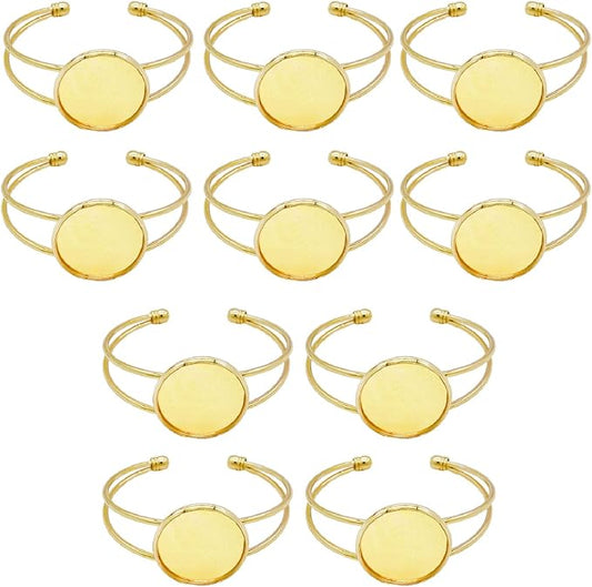MIAO JIN 10 Pcs 25 mm Adjustable Round Cabochon Bezel Tray Blank Bangle for Crafting DIY Bracelets Making(Gold)
