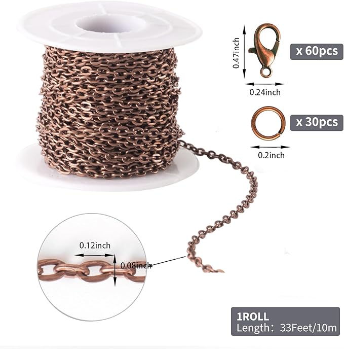 Lemonkey 33 Feet Metal Red Copper Necklace Chains Cable O-Shaped Links Chains Bulk for Jewelry Making DIY Craft Kit with Lobster Clasps Jump Rings
