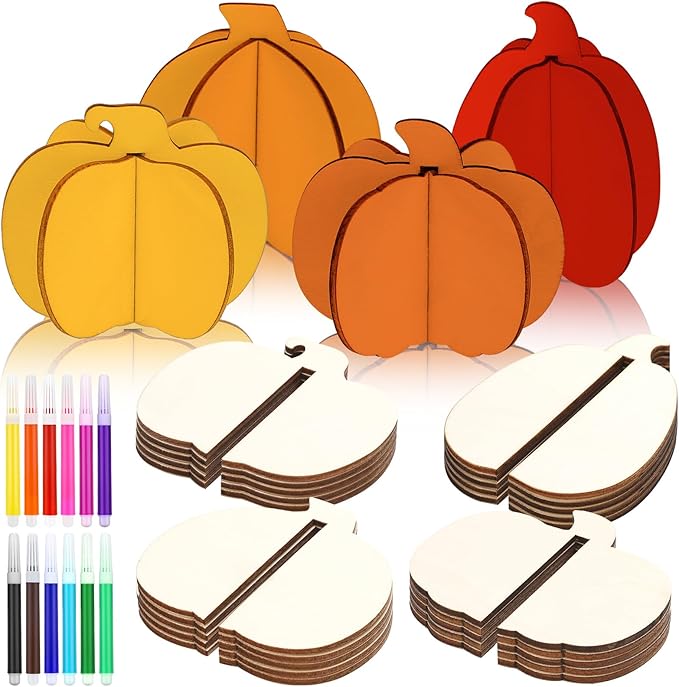 Blosssound 48 Pcs Fall Craft Set 36 Wood Pumpkin for Crafts 3D Pumpkin Cutouts with 12 Colored Markers Wooden Unfinished Slices to Paint for Thanksgiving Autumn Harvest DIY Handmade Tiered Tray Decor