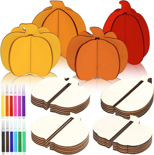 Blosssound 48 Pcs Fall Craft Set 36 Wood Pumpkin for Crafts 3D Pumpkin Cutouts with 12 Colored Markers Wooden Unfinished Slices to Paint for Thanksgiving Autumn Harvest DIY Handmade Tiered Tray Decor