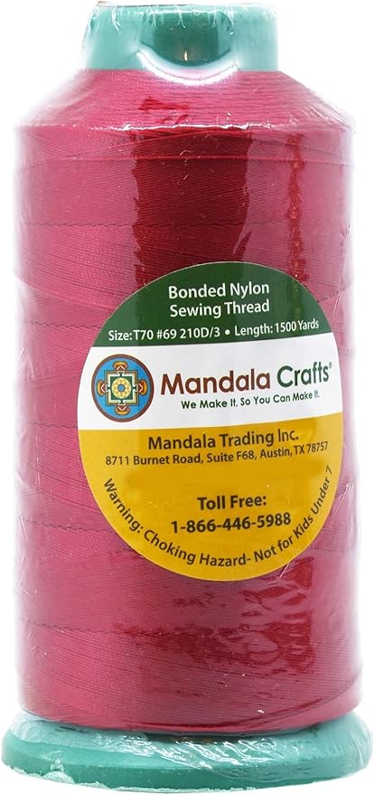 Mandala Crafts Bonded Nylon Thread Red Heavy Duty Sewing Threads - 1500 YDs Size 69 210D T70 Tex 70 Thread for Leather Jeans Weaving Outdoor Marine Upholstery Threads