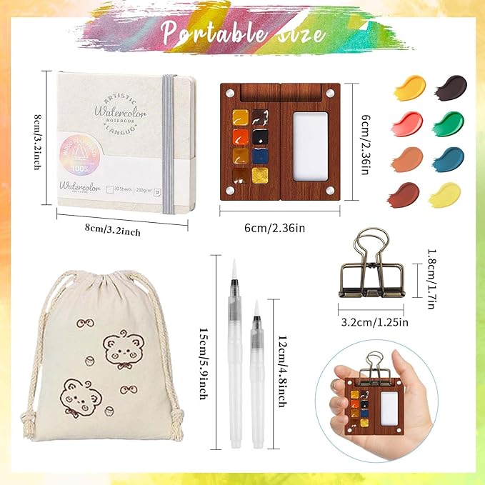 Mini Paint Palette Travel Kit - Mini Travel Watercolor Palette Set, Pocket Artist Water Color Travel Set with Colours, Watercolor Book, Clips, Pens,Wooden Paint Box for Painters Artists Student